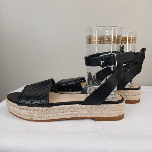 VINCE CAMUTO BLACK BASKETWEAVE ESPARDRILLE ANKLE STRAP PLATFORM SANDAL, SIZE 9 - Picture 2 of 7